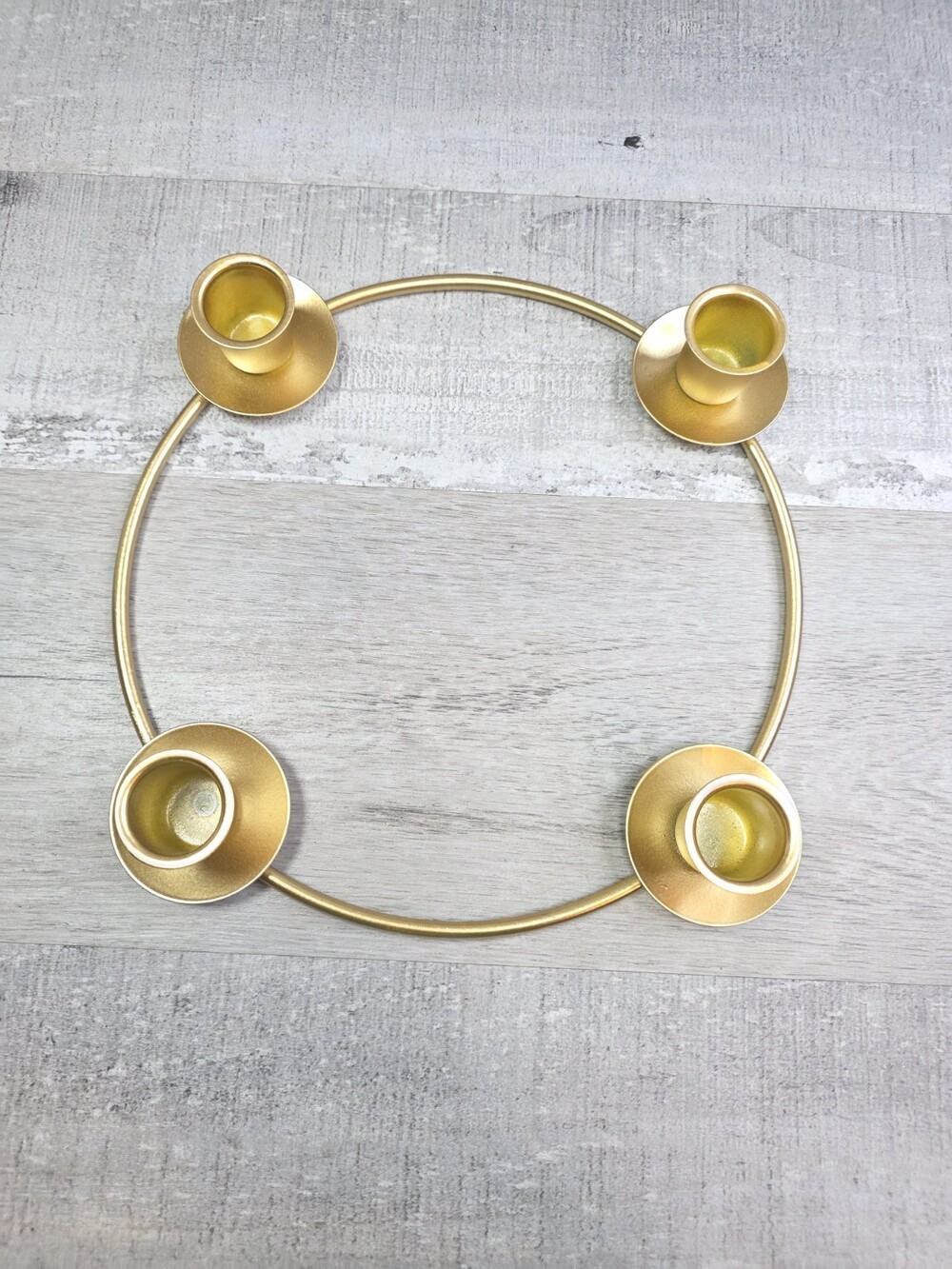 Candle Ring 4 Taper Holder Round Circle Gold Tone Metal Center Piece 9" b304